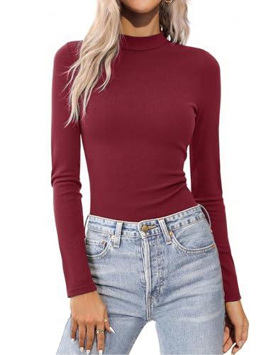 Aottori T-Shirt Donna Slim Collo Alto Maglia Cotone Maniche Lunghe Peluche Interna Top Termica a Coste Basic Bianca Casual A Casa Inverno Bordeaux L