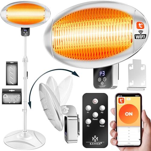 KESSER Stufa a infrarossi, 2000 W, con WiFi e telecomando, girevole a 360°, regolabile in altezza, supporto e montaggio a parete, protezione antiribaltamento, IPX4, resistente agli spruzzi d'acqua