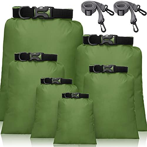 Set di Borsa Asciutta Impermeabile Sacche Stagne Impermeabili Leggeri da 15 L+ 8 L +5 L+4 L+3 L+ 2 L e 2 Tracolle Lunghe Regolabili per Kayak, Rafting, Canottaggio (Verde Militare, 6)