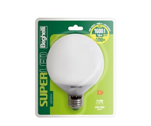 Beghelli Super E27 Bianca, Lampadina LED a Globo 16W, 1600lm, 4000K, Luce Fredda, 1 pz, 6 unità