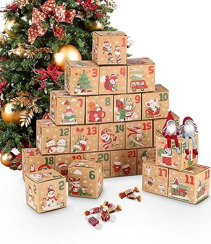 TIDEVAN Scatole Calendario Dell'avvento,24 Pcs Calendario Dell'avvento Riempire Scatole Regalo di Natale Scatola di Carta Kraft per Riempire Caramelle Biscotti Confetti Bomboniere Festa Natale 7x7x7cm
