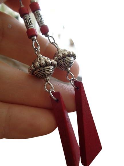 ⊹⊱❁ ORECCHINI TRIANGOLO IN LEGNO ROSSO LUNGHI 9 CM CON DISTANZIATORI ETNO ❁⊰⊹ orecchini molto leggeri, lunghi e unici