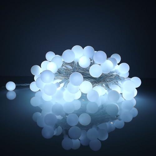 Luccika Home Catena Luminosa LED, Sfere Decorative 2 cm, 10 Metri, 8 Giochi di Luce, Telecomando, Timer, IP44 Interno/Esterno (Bianco Ghiaccio)