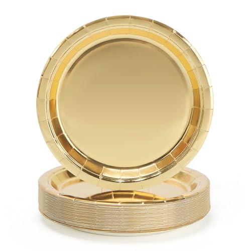 PARTY GO Piatti Carta Oro 50 Pezzi 23cm, Stoviglie per Feste usa e Getta Eleganti per Compleanno, Nuziale Doccia, Fidanzamento, Matrimonio