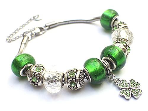 Bracciale verde Charms da donna in acciaio inossidabile Thurcolas modello Manhattan con pendente trifoglio con cristalli