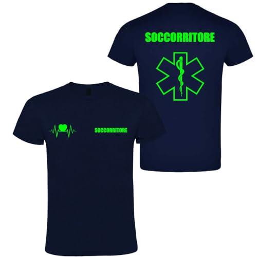 T-shirt in cotone adatto per Soccorritore 118 soccorso con stampa fluo fronte e retro NM (Blu Navy, M)