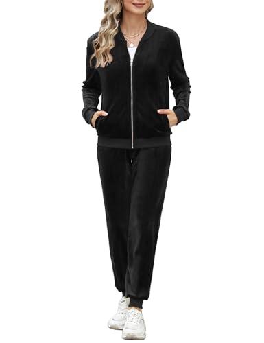 Irevial Completo Sportivo Donna Velluto Tuta Ginnastica Due Pezzi Pigiama Casual Giacca Cerniera e Pantaloni Casa Jogging Nero XL