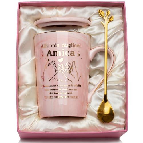 YIKILYLIFE Regalo Amica, Regalo Amica Natale Originale, Regal-o Amic-a Compleanno Tazza in Ceramica Marmo 14Oz, Idee Regali Amic-a, Regal-o Migliore Ami-ca Natale, con Coperchio, Cucchiaio, Biglietto