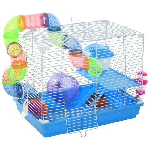PawHut Gabbia per Criceti a 2 Livelli con Serbatoio per Acqua, Vassoio Rimovibile, Tunnel e Ruota per Criceti, 46x30x37cm, Blu e Bianca
