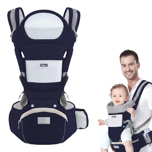 9 in 1 Marsupio Neonato, Marsupio Porta Bambino Ergonomico 0-36 mesi, Marsupio Porta Bebè Inferiore a 25kg, Marsupio Bamini con Sedile Multiposizione, Poggia Testa e Cappuccio(Blu)
