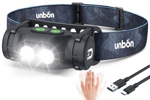 UNBON Torcia Frontale LED Ricaricabile, Lampada Frontale LED Ricaricabile USB C Potente con 3 Modalità, Sensore di Movimento e Base Magnetica, IPX4 Impermeabile Luce Torcia da Testa per Trekking Pesca