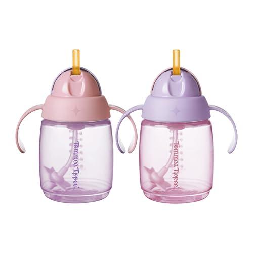 Tommee Tippee Tazza Trainer con Cannuccia, 240 ml, Agevola il Passaggio alla Tazza per i Bambini dai 6 Mesi in Su, con Cannuccia in Silicone e Manici Ergonomici, Rosa e Viola, Confezione da 2