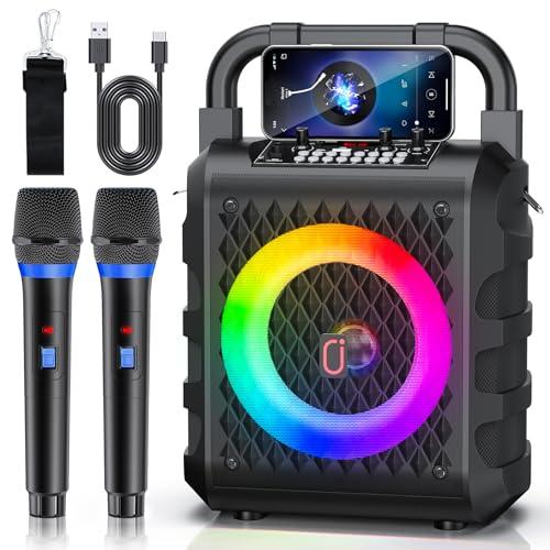 HWWR Macchina per karaoke con subwoofer aggiornato da 6,5 pollici, altoparlante portatile Bluetooth 5.3 per karaoke con 2 microfoni wireless, sistema PA con regolazione eco per feste in casa, supporto