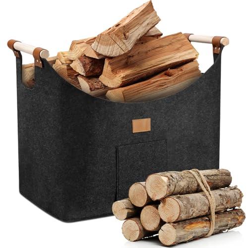 MZJAUVF Borsa In Feltro per Legna da Ardere, 96LCesto Portalegna, Pieghevole Borsa Porta Legna, Cesta Legnas Camino con Tasca Laterale, Cesta Porta Legnas, 60x40x40Cesta Legnas da Interno,Grigio Scuro