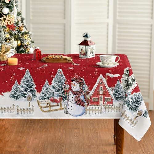 Artoid Mode Tovaglia di Natale per casa, neve, alberi, recinzione, pupazzo di neve, 140 x 220 cm, invernale, antimacchia, biancheria da tavola, decorazione per feste
