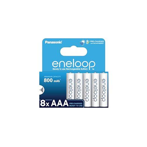 eneloop, batterie ricaricabili AAA/Micro, confezione da 8, capacità di min. 800 mAh, batterie Ni-MH, pronte all'uso, ricaricabili fino a 2000 volte, confezione senza plastica, standard, bianche