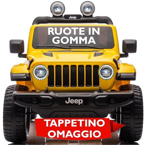 Macchina Elettrica per Bambini Jeep Wrangler Rubicon 12v Telecomandata con Sedile in Pelle 2 Posti - Auto Elettrica per due Bambini (Giallo, Ruote in Gomma)
