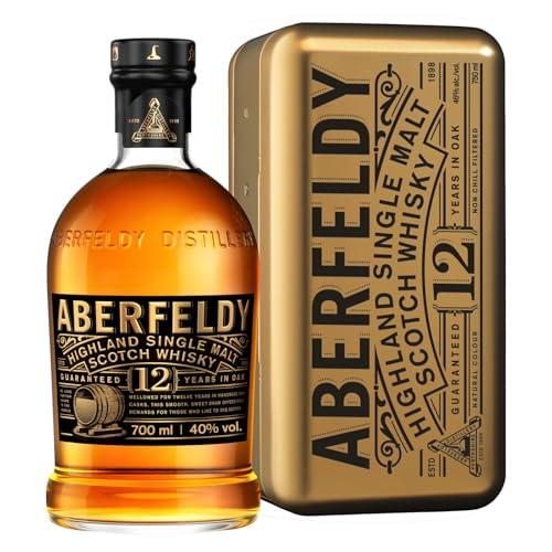 Aberfeldy 12 Year Old Single Malt Scotch Whisky in confenzione in latta regalo a forma di lingotto d'oro, Vol. 40%, 70 cl / 700 ml, Pregiato whisky invecchiato in quattro tipologie di botti