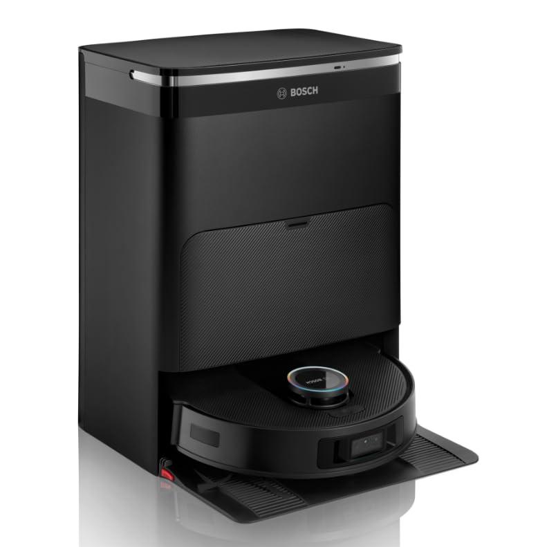 Bosch Spotless Max Cam Robot Aspirapolvere e Lavapavimenti, Potenza 11.000 Pa, Panno Rotante Estensibile, Stazione autopulente, Navigazione Smart Vision, App Home Connect, Nero