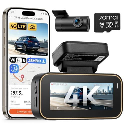 70mai A810 Lite Dash Cam Auto 4K +1080P, 5GHz WiFi, Doppia Telecamera per Auto con GPS, Support 4G LTE, HDR, Visione Notturna, Parcheggio 24/7, Sensore G, Registrazione in Loop, F1.55, Scheda da 64 GB