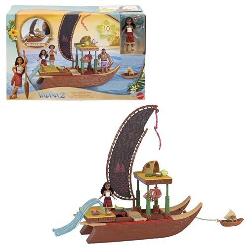 Mattel Disney Oceania 2 - La Canoa delle Avventure di Vaiana, playset con mini bambola e canoa galleggiante, 10 accessori e 1 personaggio amico inclusi, giocattolo per bambini, marrone, 3+ anni, JBT78