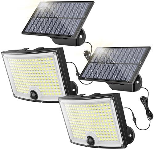 Ortiny Faretto LED da Esterno Solare, Luce Solare LED Esterno 202 LED 3Modes Faro LED Esterno con Pannello Solare con Sensore di Movimento Impermeabile IP65 da Terra, Giardino 5M Cavo 2 Pezzi