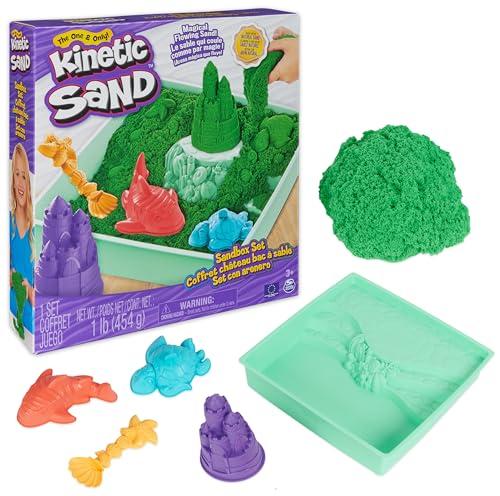 Kinetic Sand, Playset Castelli di Sabbia Verde, Sabbia Cinetica con Vaschetta, Sabbia Magica, Sabbia Verde 454gr, 3 Formine Incluse, Giocattoli per Bambini e Bambine, 3+ anni