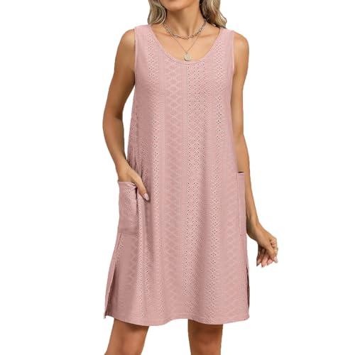 Vestiti Estivi Donna Prendisole Estivo da Spiaggia Bohémien retrò con Scollo Rotondo Casual Abiti al Ginocchio Senza Maniche Maglia Traforata Spacchi Laterali Dress con Tasca Anguria Rossa XL