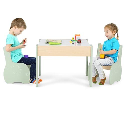 COSTWAY 3 in 1 Set Tavolo e Sedie per Bambini, Tavolo da Attività per Bambini con 2 Sedie, Lavagna Rimovibile e Deposito, per Giocare, Disegnare e Leggere, in Legno (Verde)