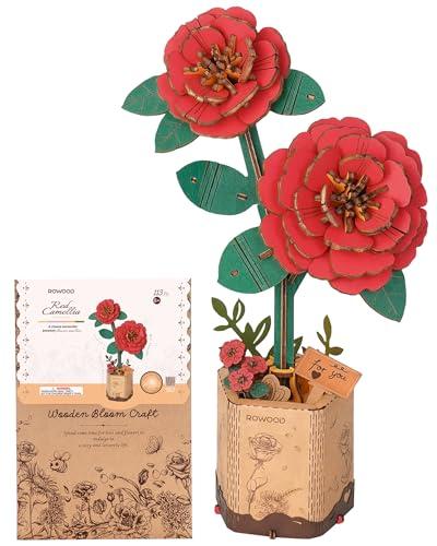 rowood Puzzle 3D Fai da te Fiore in Legno Kit Modellino di Fiori Artificiali Da Montare Per Adulti (Red Camellia)