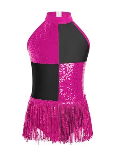 Sxiwei Bambina Paillettes Abiti da Ballo Latino Samba Cha Cha Abiti da Pattinaggio su Ghiaccio Collo A Balze Body Danza con Frange Color Block tutù Balletto Rosa Acceso 7-8 Anni