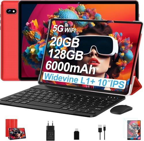 Tablet 10 Pollici Android con 20GB RAM + 128GB ROM (TF/2TB), 5G WiFi 6, Octa-Core, GMS, Bluetooth 5.0, 5MP + 8MP, 1280 * 800 FHD IPS, Widevine L1, 2025 Newest Tablet 2 in 1 con Tastiera e Mouse - Red