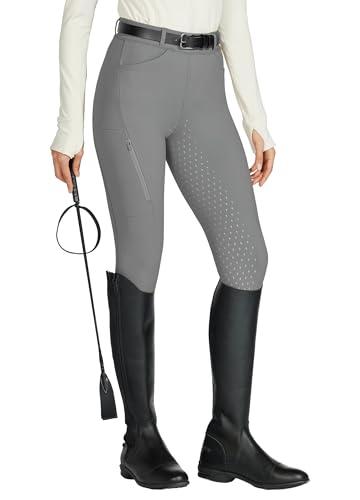 WILLIT Leggings da equitazione da donna, in silicone, con inserti completi, a vita alta, elasticizzati, con tasca con cerniera, passanti per cintura, grigio medio, S
