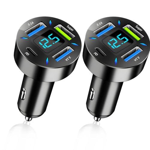 2 PCS 4-Porte Caricabatteria Auto USB C, 60W Super, PD Caricabatterie Veloce, con Voltmetro LED, Compatibile con Più Dispositivi e Tutti gli Smartphone