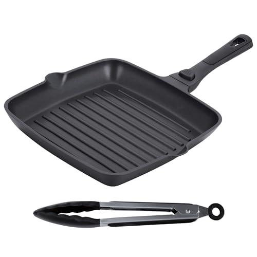 Stone&Stone Griglia Bistecchiera Antiaderente Quadrata 28x28CM|Manico rimovibile Piastra PROFESSIONALE in Pietra Fondo induzione in acciaio qualità TEDESCA Greblon C3+ grill per forno |1 Pinza (28CM)