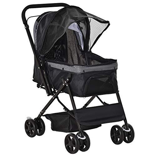 PawHut Passeggino per Cani Piccoli Pieghevole con Maniglione Girevole Ruote con Freni in EVA, Passeggino Cane con Cestino Portaoggetti, 76.5x52x95cm, Nero