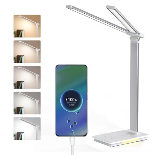 LENDOO Lampada Scrivania Led, Luce Scrivania Doppia Testa Batteria 2000 mAh/Porte USB, 5 Modalità Colore, Luce Lettura Dimmerabile, Lampada Tavolo Touch, Piccola Luce Notturna Integrata Per Camera