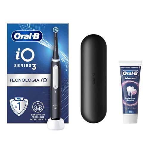 Oral-B Spazzolino Elettrico Ricaricabile iO 3 Nero, 1 Spazzolino Elettrico, 1 Testina Di Ricambio, Custodia Da Viaggio + Dentifricio Oral-B Advanced Protezione Gengive, Pulizia Denti Efficace
