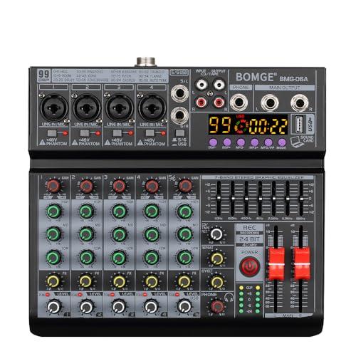 BOMGE Mixer audio DJ professionale a 6 canali 06A, mixer audio controller DJ con 99 effetti DSP, equalizzatore a 7 bande indipendente 48 V Bluetooth interfaccia registrazione USB per registrazione in