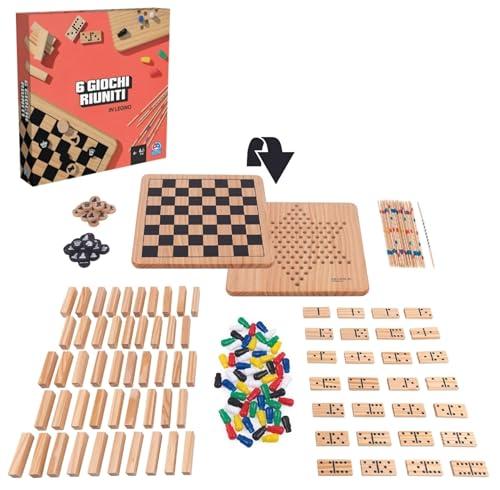 Editrice Giochi, Giochi da Tavolo Classici, Set di 6 giochi da tavolo in legno, Scacchi, Dama, Dama Cinese, Domino, Torre in Legno, Shangai, dai 6 anni in su