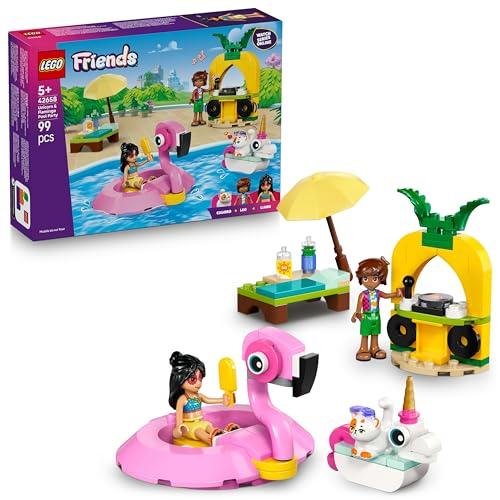 LEGO Friends Pool Party con Unicorno e Fenicottero Giocattolo, Animali Galleggianti, 2 Mini Bamboline, un Gatto e Accessori come il Gioco da DJ e Lettini - Regalo per Bambine da 5 Anni in su - 42658