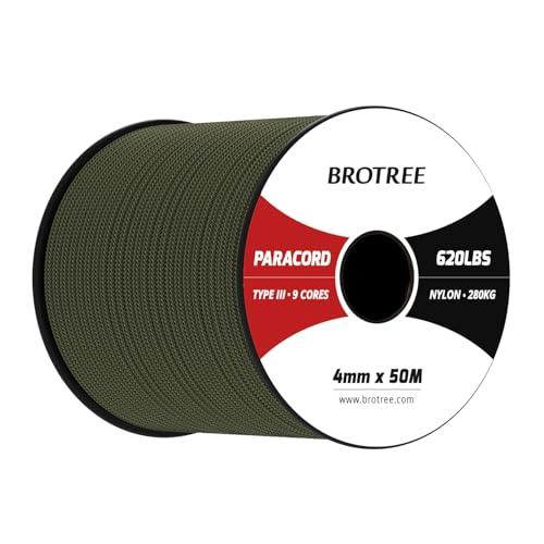 Brotree Paracord 4mm 9 Fili 100% Nylon Corda (15m, 30m, 50m) Tipo III Corda da Paracadute per Sopravvivenza, All'aperto, Fatto a Mano - 280kg Carico di Rottura (Verde Militare, 50m)