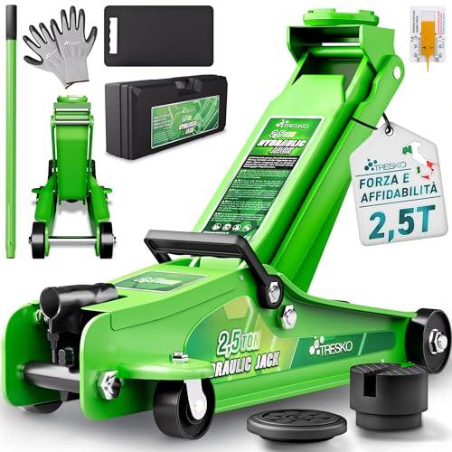 TRESKO Cric idraulico 2,5 tonnellate, altezza di sollevamento 85-385 mm, con valigetta, cric idraulico, piatto, per auto abbassate, ruote a 360°, con 2 cuscinetti in gomma, guanti, coltello profilato