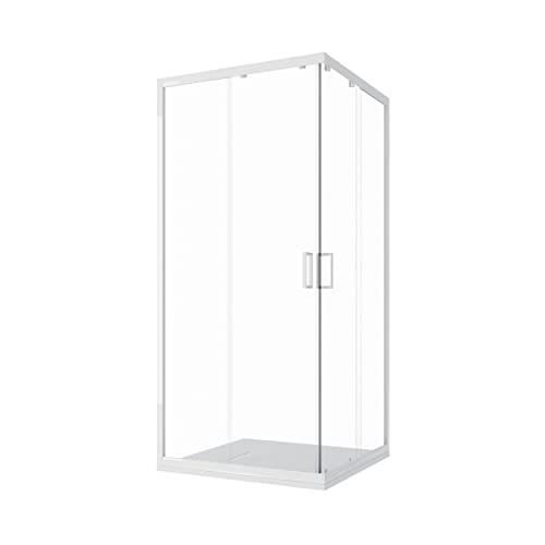 Box Doccia Angolare 80x100cm mod. Ibiza con Apertura Scorrevole Vetro Temperato Trasparente 4mm Altezza 185cm Profili in Alluminio Bianco Maniglia ABS Bianco