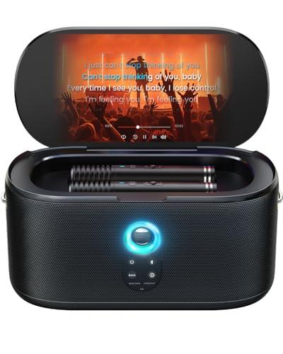 Macchina per karaoke per adulti e bambini con display con testi dello schermo, 2 microfoni wireless a ricarica automatica, altoparlante Bluetooth portatile, sistema PA WiFi/HDMI, altoparlante per