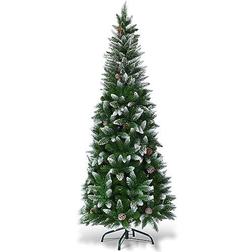COSTWAY Albero di Natale Innevato 180/220 cm, Albero di Natale Slim con Pigne, Base di Metallo e Rami Rigogliosi in PVC, Ideale per Casa, Ufficio e Negozio (180 cm)