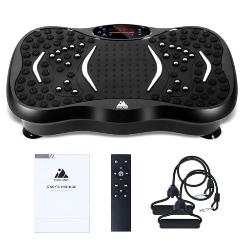 EVOLAND Pedana Vibrante Fitness, Vibrations Fitness Trainer con 99 Livelli velocità, Display LCD, 5 Modalità di Programmazione, Altoparlante Bluetooth, 2 Fasce di Resistenza - Max 150kg/330lb