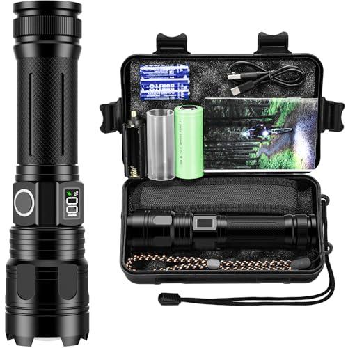 Akdomart Torcia LED Potente Professionale 500000 Lumen, Torcia LED Ricaricabile con Batteria da 5000mAh, Zoomable 5 Modalità Torcia Militare, IP67 Impermeabile Torcia Tattica AK-01 (nero)