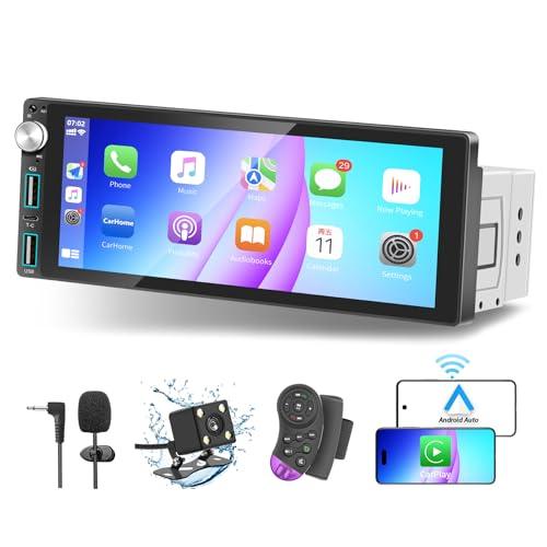 Autoradio 1 DIN Bluetooth con CarPlay & Android Auto, con schermo 6,9 pollici Touchscreen Lettore, Mirror Link/RDS FM Radio/USB/Type-C/Microfono/Telecamera di backup/Supporto telecomando