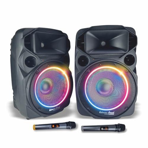 Extreme Sound Coppia Casse Audio Attiva e Passiva DJN 12 con coppia Microfoni Wireless,Bluetooth, 2000W Potenza Musicale - Perfette per Karaoke, Feste ed Eventi - Altoparlanti da 31 Cm, luci led